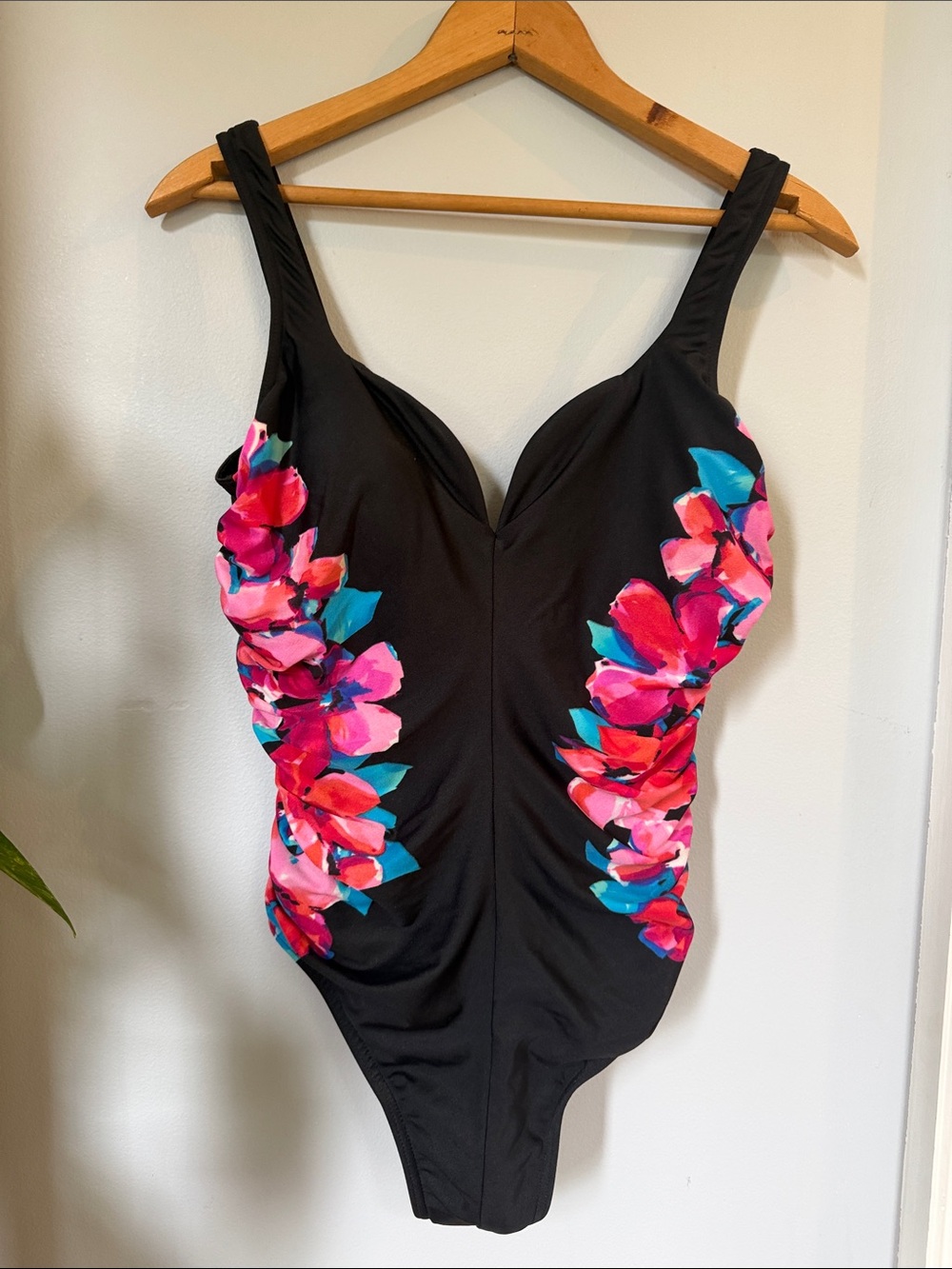 Miraclesuit Black One-Piece Swimsuit with Pink & Teal Floral Sides Like New